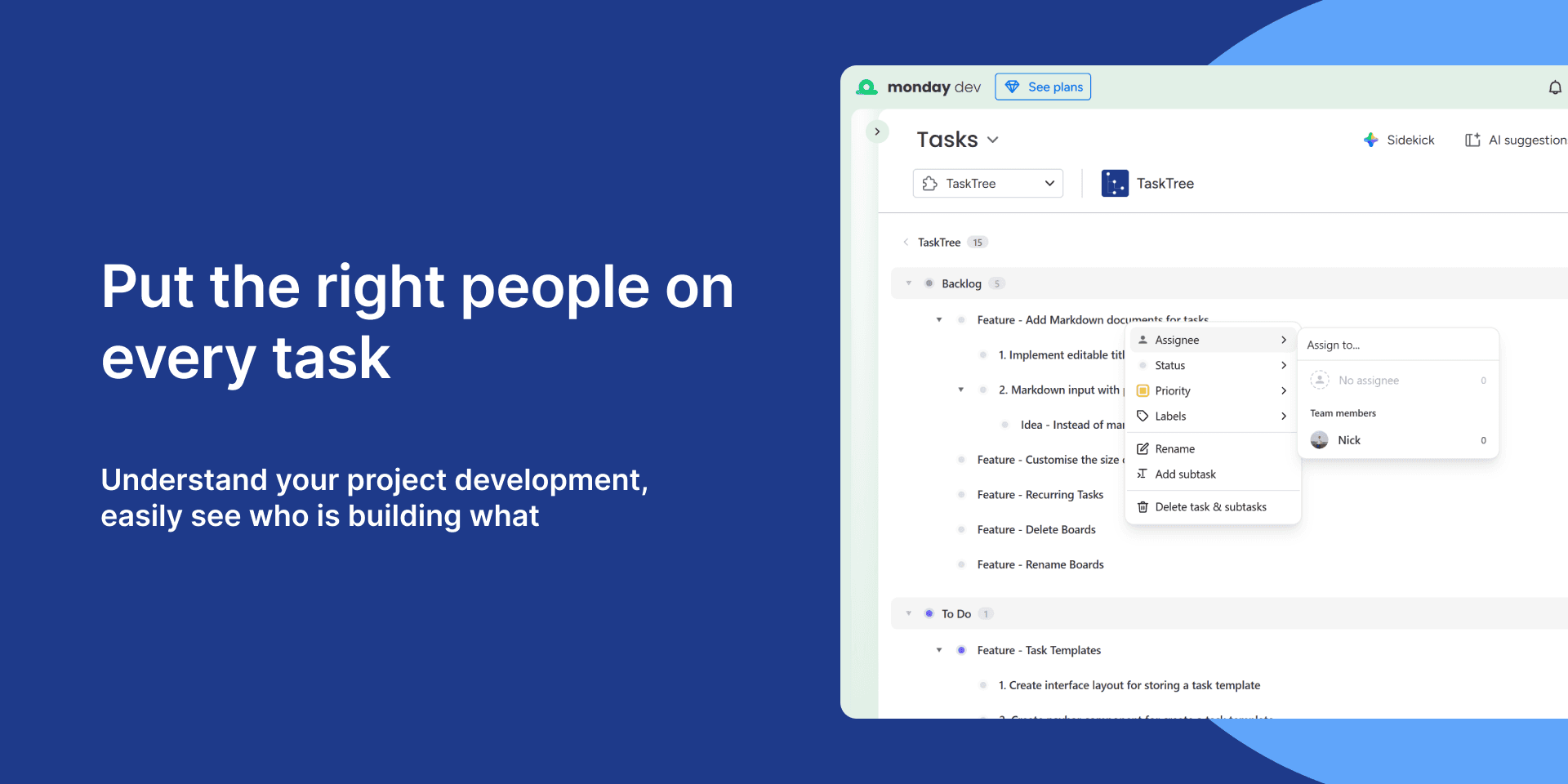 TaskTree assignee feature — assigning people to tasks inside monday.com