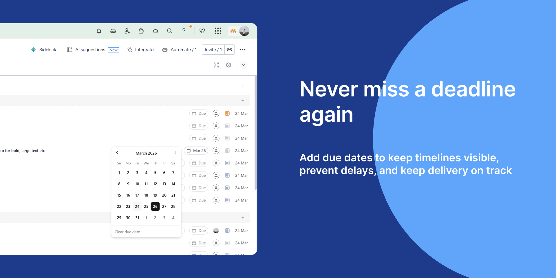 TaskTree due date feature — setting task due dates inside monday.com