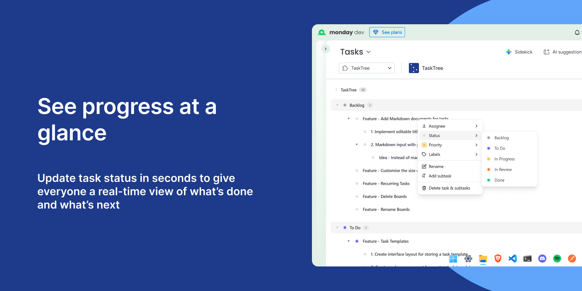 TaskTree status feature — updating task status inside monday.com